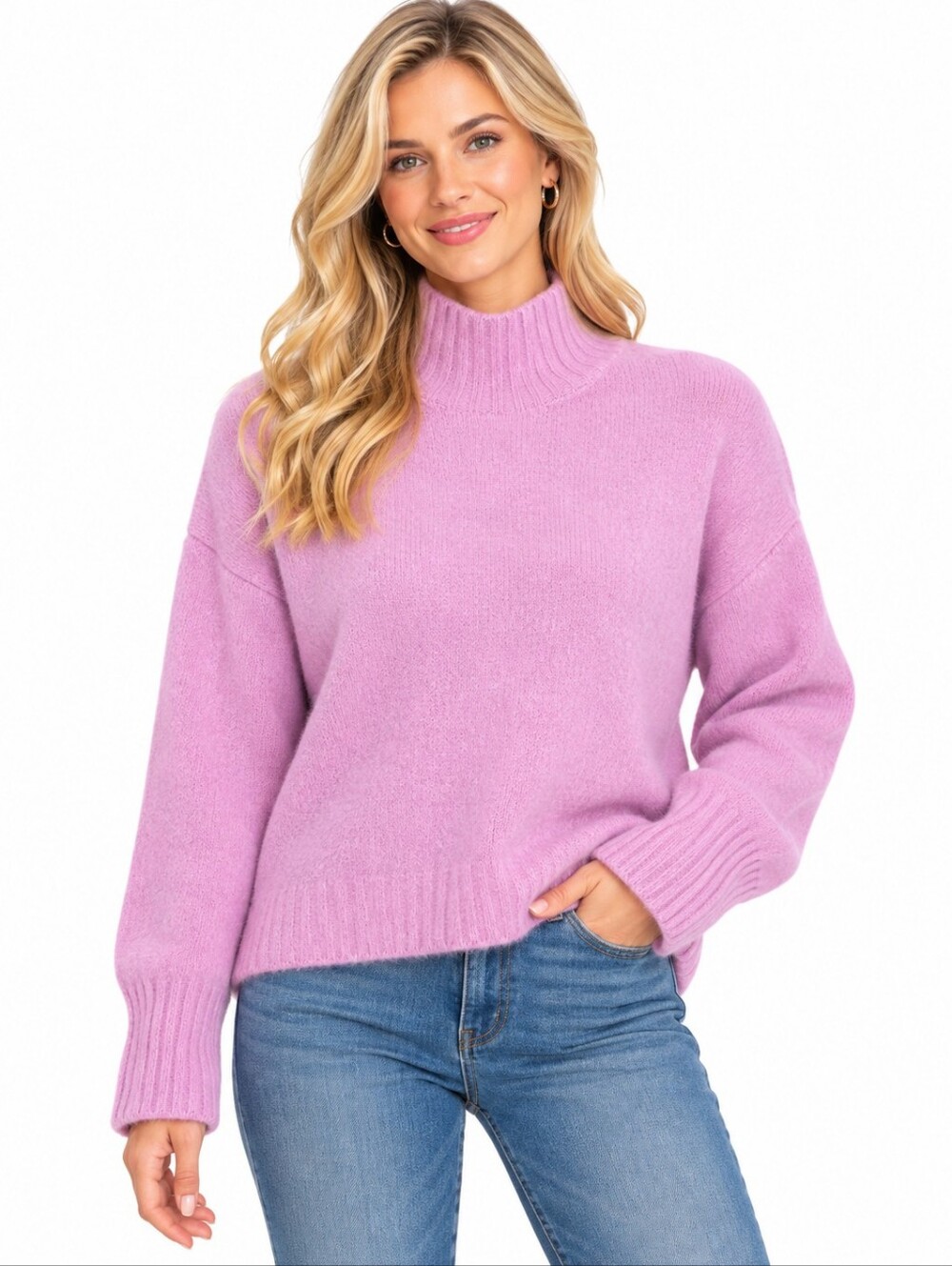 Womens Mock Neck Wool Cashmere Blend Sweater Pink Size XS Cropped Preppy Chunky